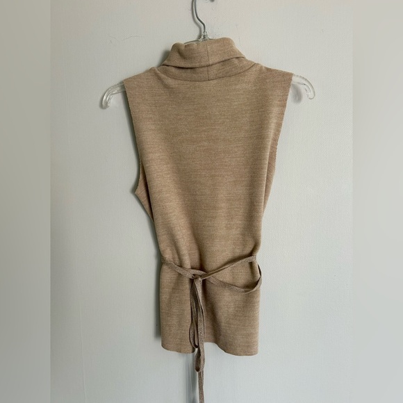 ZARA Tan Cowl Turtleneck Sleeveless Top Knit Vest Tie Waist Neutral Academia | M - Picture 6 of 9